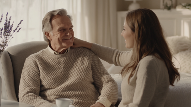 An Older Man and A Woman Share a Warm Moment Together in A Cozy, Light-Filled Room