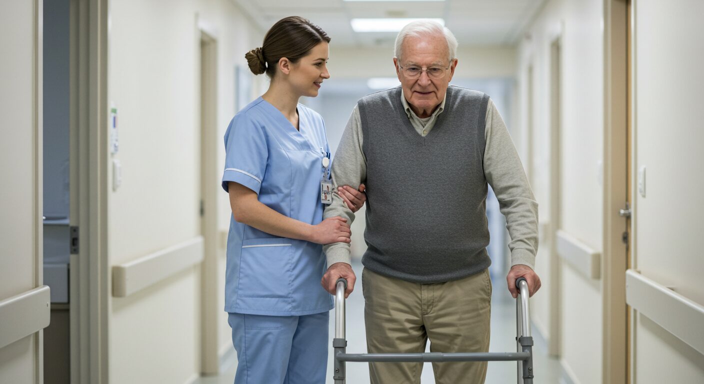 A Caregiver Assists an Elderly Man with A Walker in A Hallway, Highlighting the Support Provided in Senior Day Care