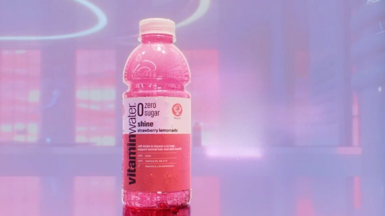 The image shows a bottle of Zero Sugar VitaminWater in strawberry lemonade flavor