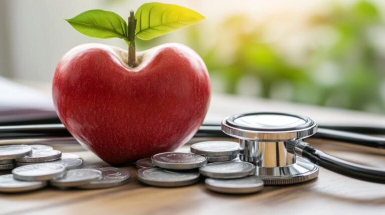 Heart-shaped apple, stethoscope, and coins symbolizing health and financial investment