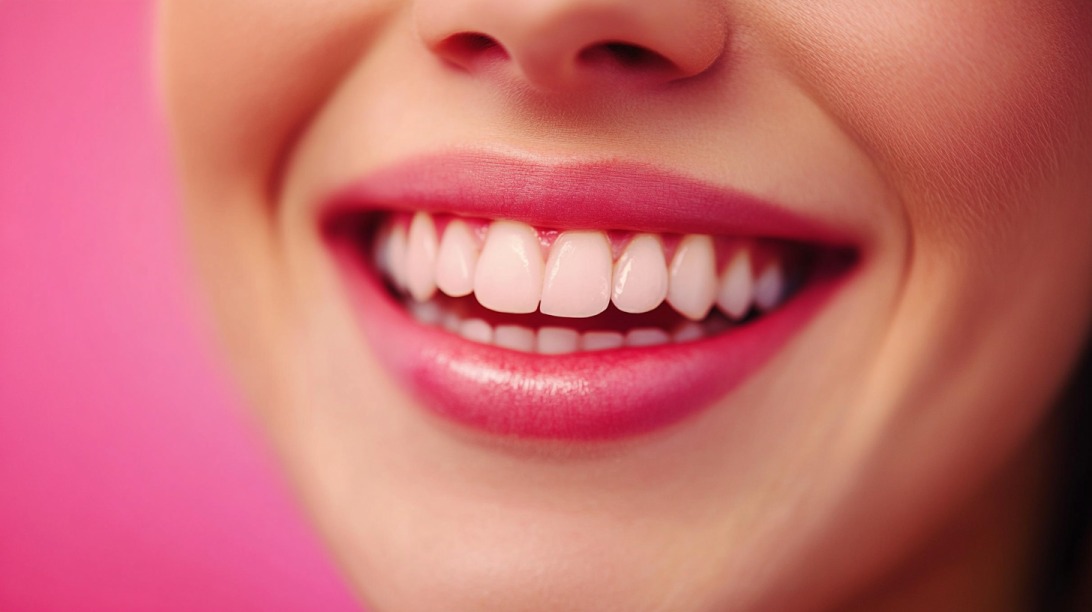 Close-up of a smiling woman with healthy white teeth and pink lipstick