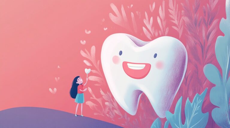 Illustration of a girl smiling at a large, happy tooth surrounded by hearts and leaves