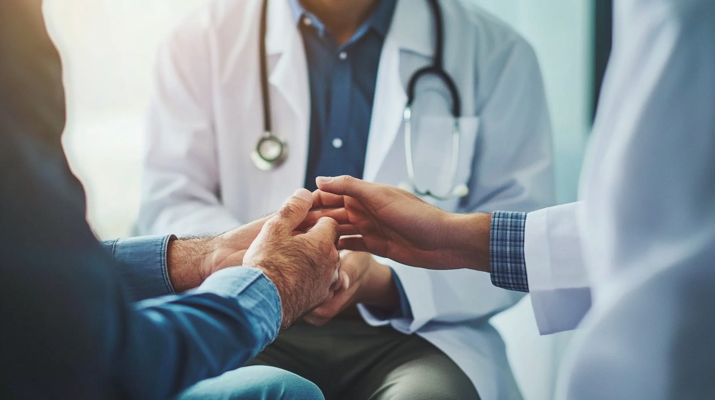 Doctor holding a patient's hand during a consultation, symbolizing support and specialist care.