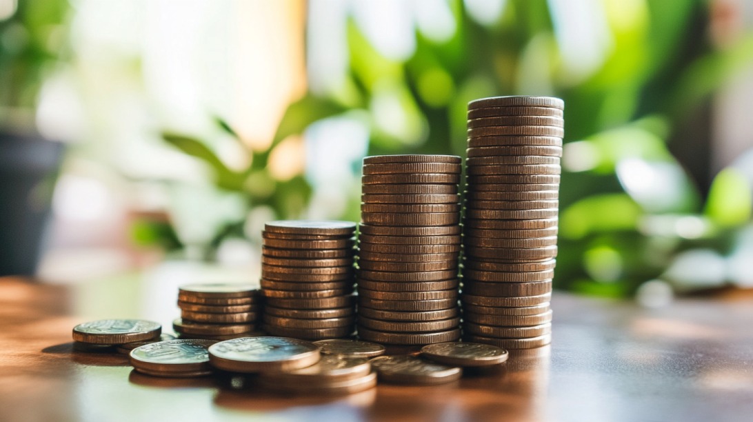 Stacks of coins symbolizing increasing medical expenses with blurred green background