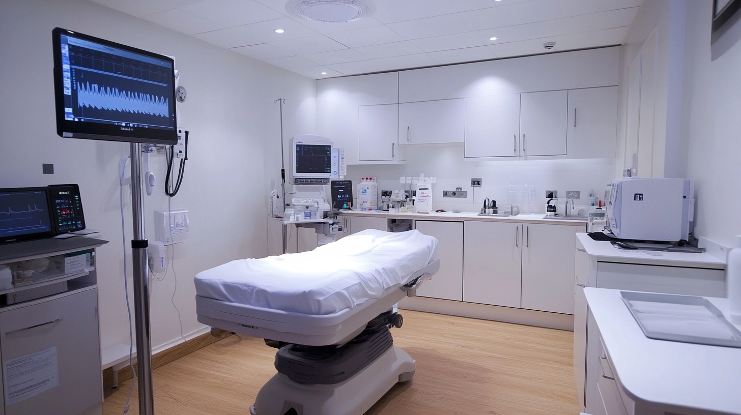 Modern hospital room with medical equipment and monitoring devices, emphasizing patient care settings