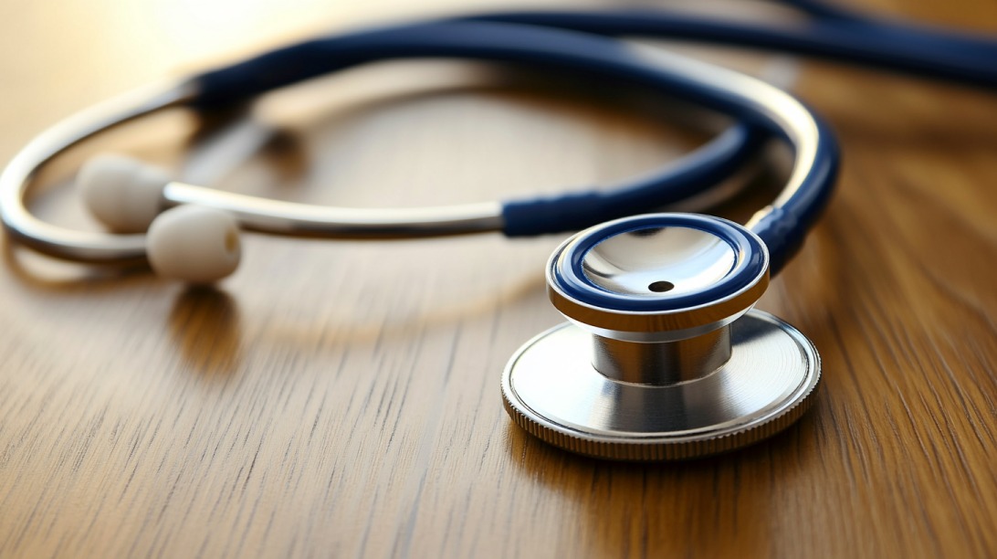 Close-up of a stethoscope lying on a wooden surface, symbolizing medical care and health insurance