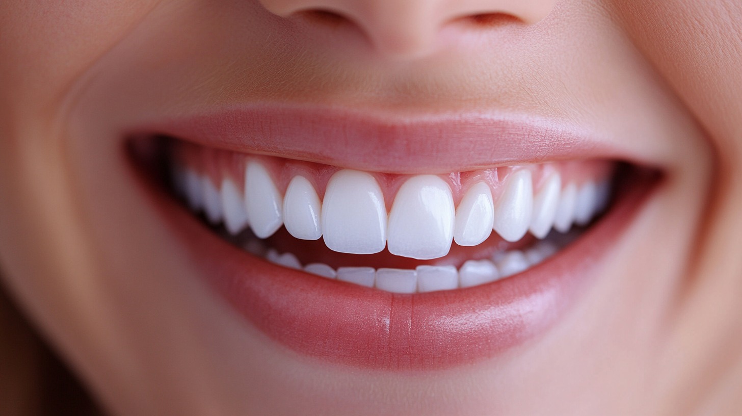 Close-up of a woman’s healthy smile showing white teeth and pink gums
