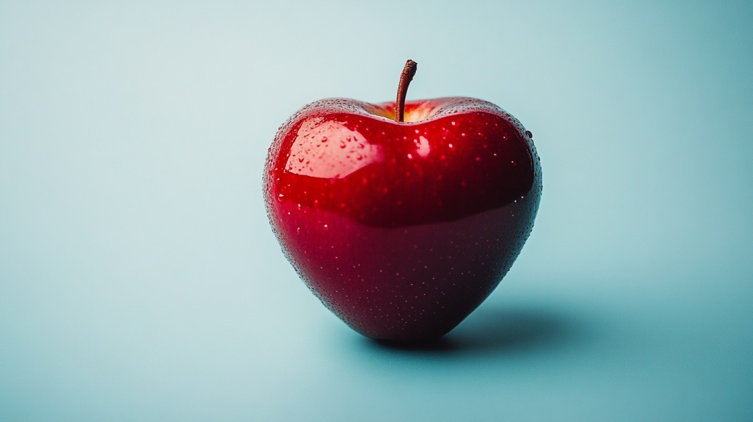 Close-up of a red apple shaped like a heart, with water droplets on its surface, symbolizing health