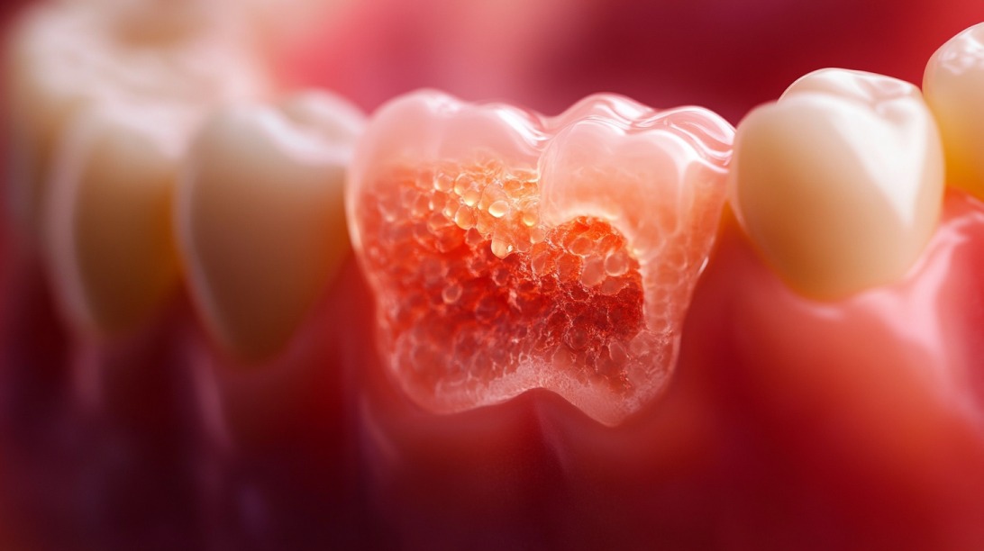 Close-up illustration of an inflamed tooth showing internal cellular detail, representing oral inflammation