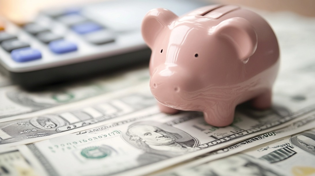 Pink piggy bank on top of U.S. dollar bills with a calculator in the background