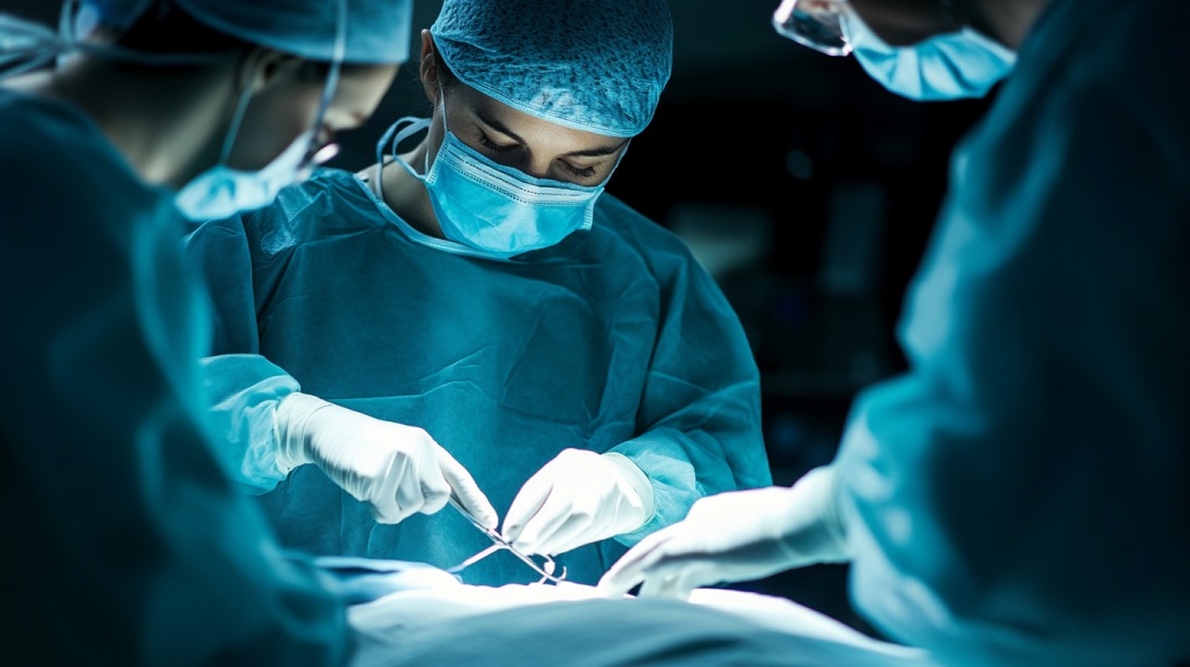 Surgeons in an operating room performing surgery under bright surgical lights